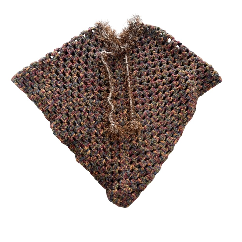 Handmade Cape Sweater Womens One Size Multicolor Crochet Tassel V Neck Poncho